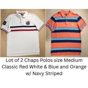 Lot of 2 Chaps Polo Shirts Medium Red White Blue & Orange Navy Stripe Preppy
